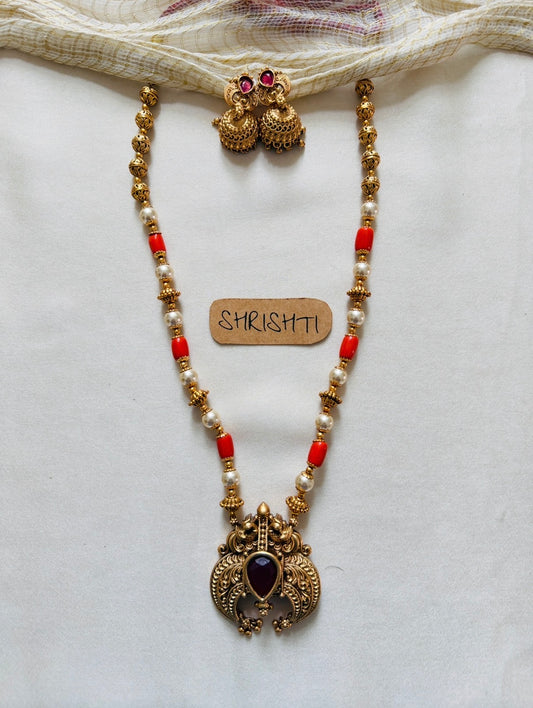 Coral pendant mala ruby